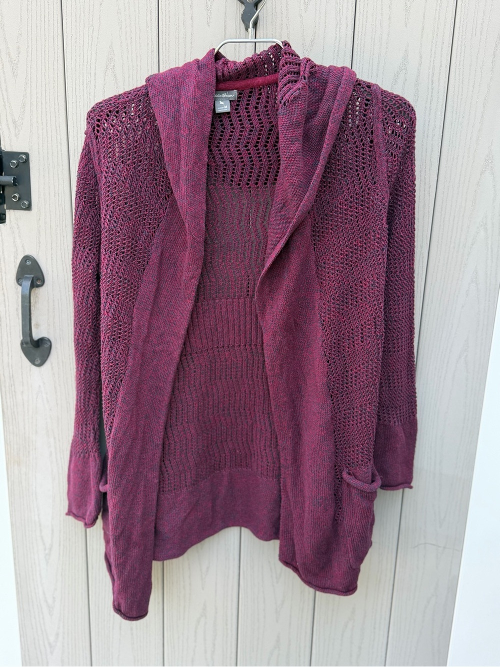 Eddie Bauer Open-Front Hooded Cardigan - Cranberry & Navy - Boho-Cozy-pockets